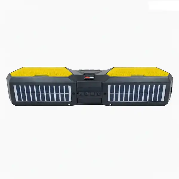 Enceinte Bluetooth MeWe noire et jaune avec radio FM et lecteur USB.
