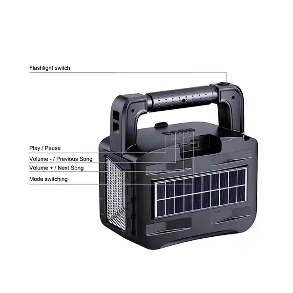 Vue latérale du MeWe MWAUD-BTS04Y rechargeable par énergie solaire.
