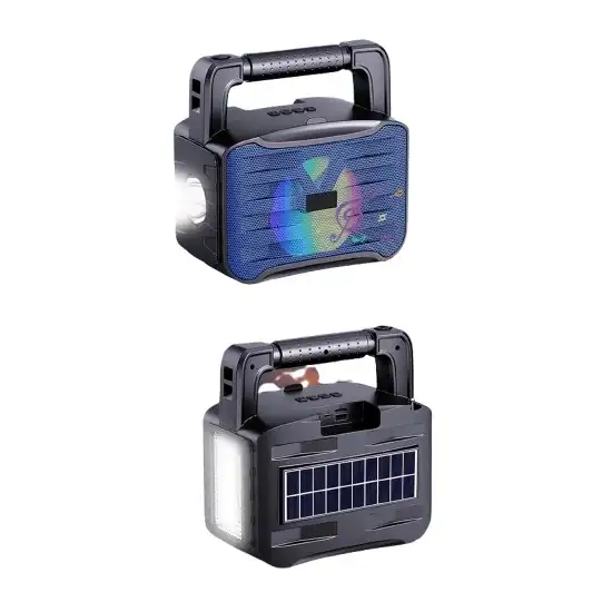 Haut-parleur portable avec lampe LED et poignée de transport.