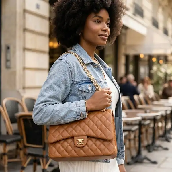 Sac à main Chanel couleur marron caramel en cuir souple