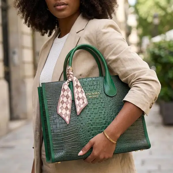 Sac à main femme vert texturé effet crocodile Prada Milano