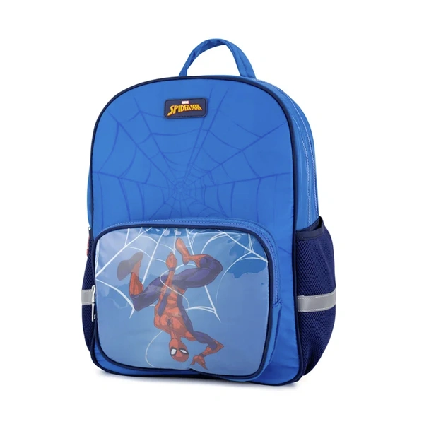 Sac Spiderman bleu avec poche frontale zippée et motif toile d’araignée