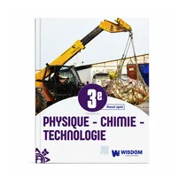 Manuel scolaire Physique-Chimie-Technologie 3e Wisdom Education avec couverture orange et blanche.
