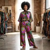 Ensemble haut fluide et pantalon large imprimé femme