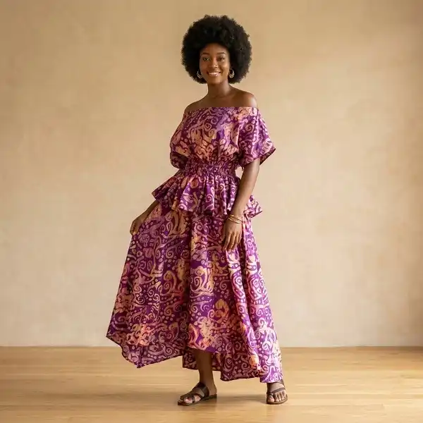 Robe à volants violette imprimée femme avec taille élastique froncée