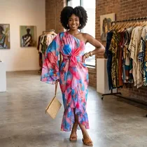 Robe femme rose et bleue avec une manche longue et volants