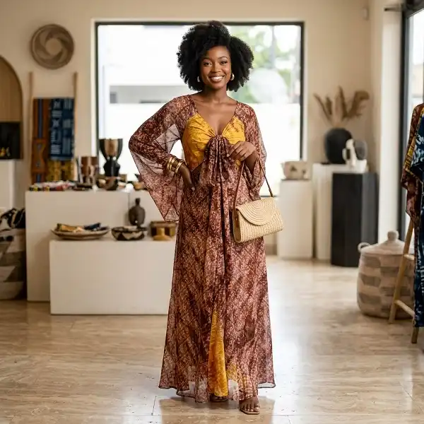 Robe longue fluide jaune et marron présentée sur mannequin