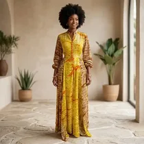 Robe femme jaune et marron avec manches longues fluides