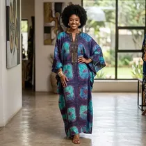 Robe kaftan africaine femme bleu et turquoise à manches chauve-souris